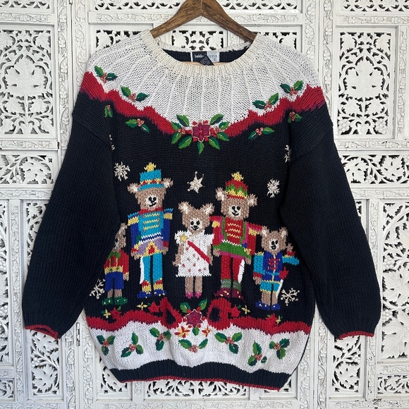 beldoch popper Sweaters - Vintage Christmas Teddy Bear Nutcracker Holiday Chunky Grannycore Sweater Sz L